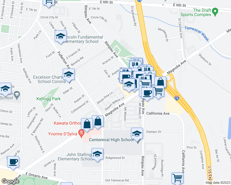 map of restaurants, bars, coffee shops, grocery stores, and more near 1610 Raintree Place in Corona