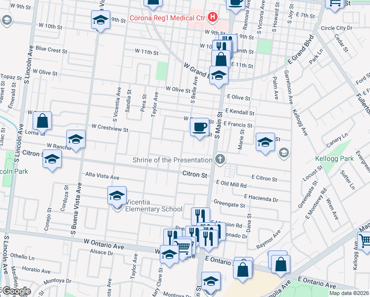 map of restaurants, bars, coffee shops, grocery stores, and more near 1686 South Belle Avenue in Corona
