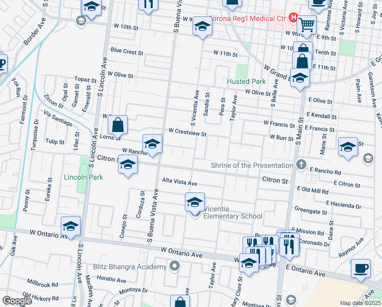 map of restaurants, bars, coffee shops, grocery stores, and more near 1721 Quail Circle in Corona