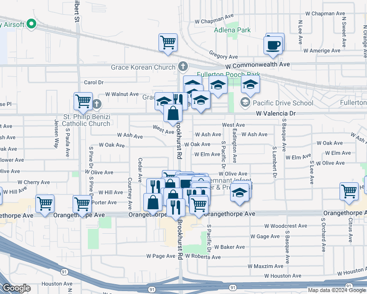 map of restaurants, bars, coffee shops, grocery stores, and more near 607 South Locust Drive in Fullerton