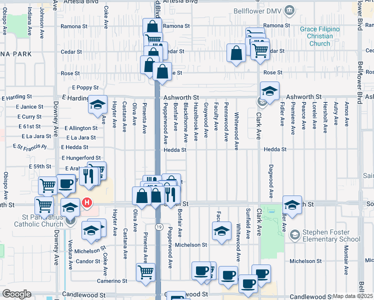 map of restaurants, bars, coffee shops, grocery stores, and more near 4506 Hedda Street in Lakewood