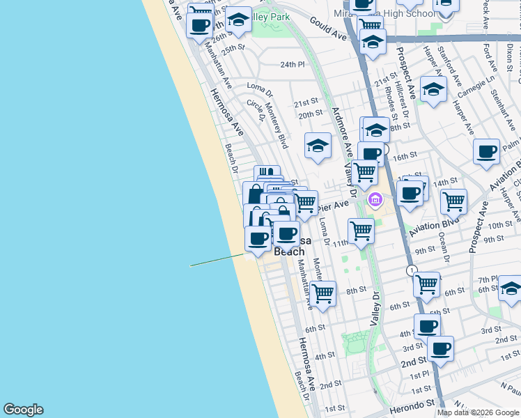 map of restaurants, bars, coffee shops, grocery stores, and more near 60 15th Street in Hermosa Beach