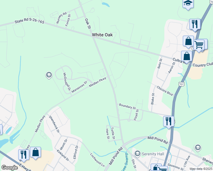 map of restaurants, bars, coffee shops, grocery stores, and more near 2501 Oak Street in Conway