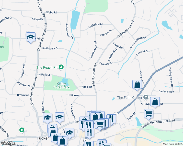 map of restaurants, bars, coffee shops, grocery stores, and more near 2656 Old Norcross Road in Tucker