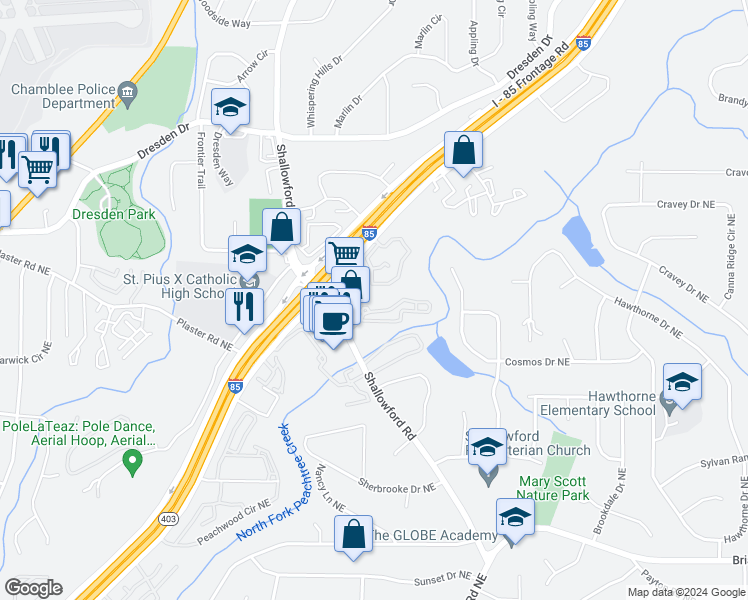 map of restaurants, bars, coffee shops, grocery stores, and more near 616 Briarlake Court Northeast in Atlanta