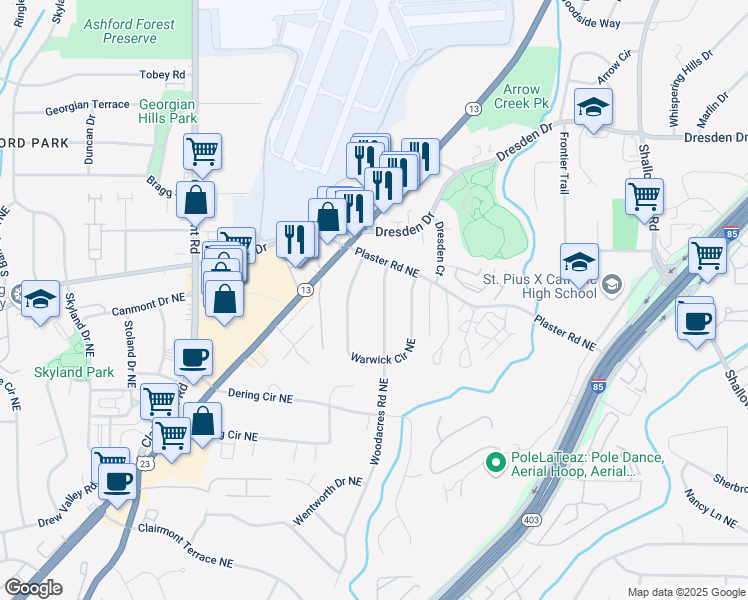 map of restaurants, bars, coffee shops, grocery stores, and more near 2648 Woodacres Road Northeast in Atlanta