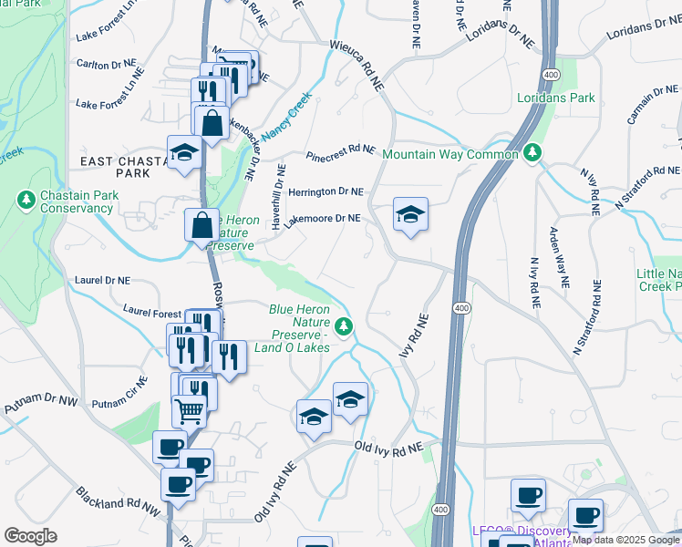 map of restaurants, bars, coffee shops, grocery stores, and more near 478 Emily Reed Lane in Atlanta