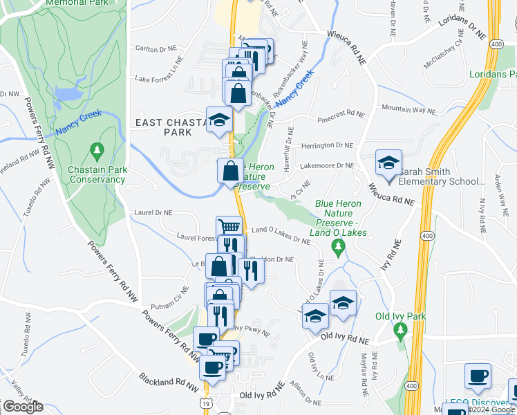 map of restaurants, bars, coffee shops, grocery stores, and more near 4011 Roswell Road Northeast in Atlanta