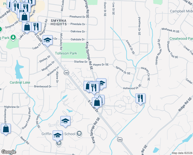 map of restaurants, bars, coffee shops, grocery stores, and more near 3695 King Springs Road Southeast in Smyrna
