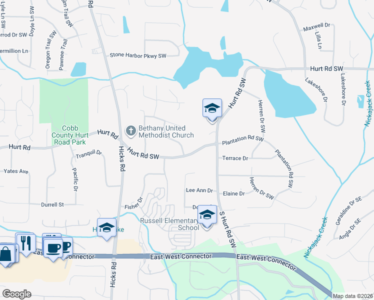 map of restaurants, bars, coffee shops, grocery stores, and more near 602 Hurt Road Southwest in Smyrna