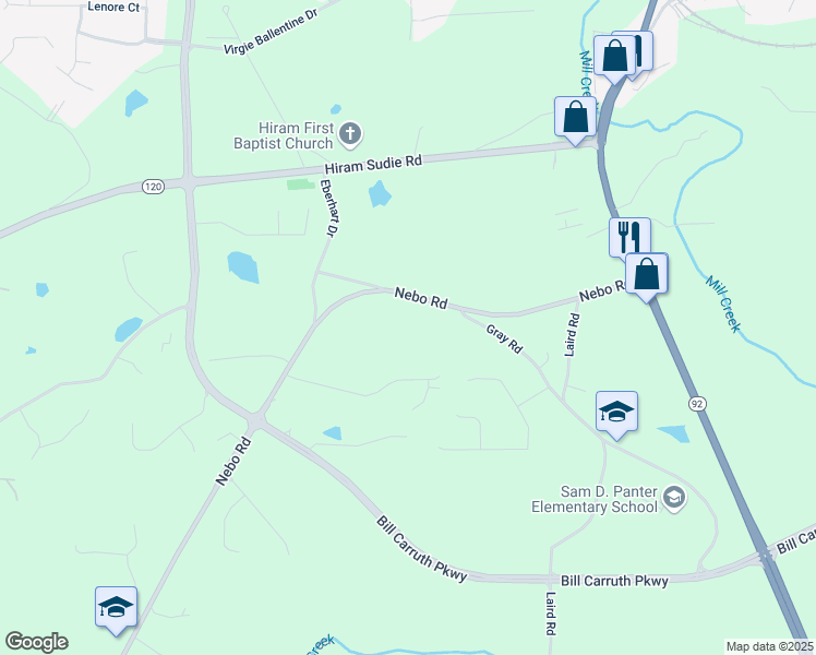 map of restaurants, bars, coffee shops, grocery stores, and more near 7606 Nebo Road in Hiram