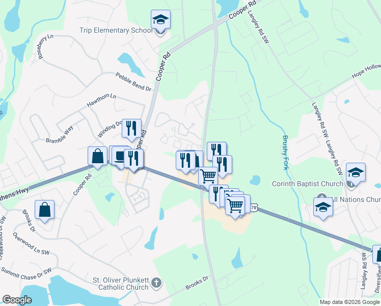 map of restaurants, bars, coffee shops, grocery stores, and more near 2945 Rosebud Road Southwest in Loganville