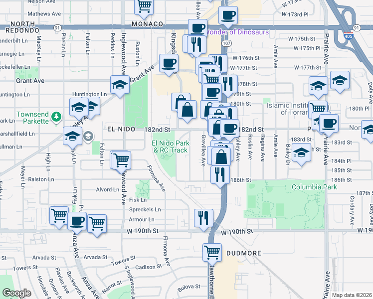 map of restaurants, bars, coffee shops, grocery stores, and more near 18321 Mansel Avenue in Redondo Beach