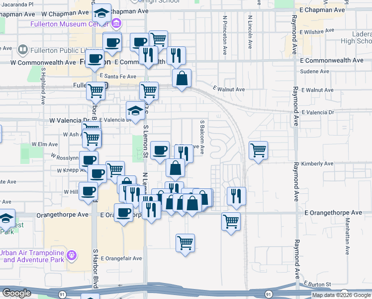 map of restaurants, bars, coffee shops, grocery stores, and more near 430 East Elm Avenue in Fullerton