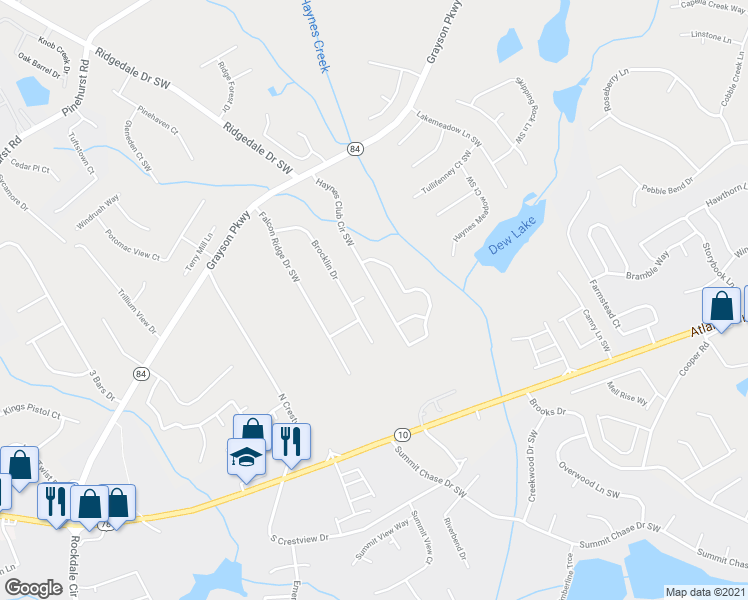 map of restaurants, bars, coffee shops, grocery stores, and more near 2725 Haynes Club Circle Southwest in Grayson