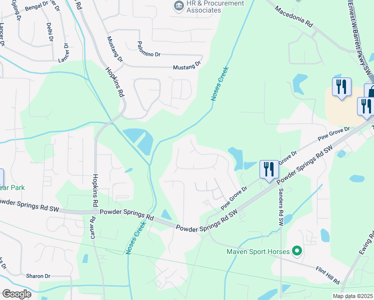 map of restaurants, bars, coffee shops, grocery stores, and more near 3162 Hadrian Court in Powder Springs