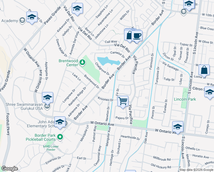 map of restaurants, bars, coffee shops, grocery stores, and more near 1595 Border Avenue in Corona