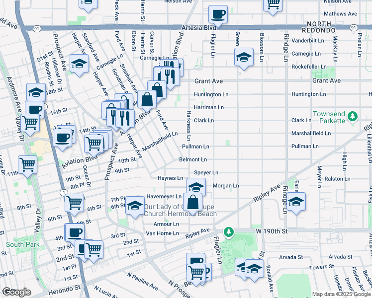 map of restaurants, bars, coffee shops, grocery stores, and more near 1706 Pullman Lane in Redondo Beach