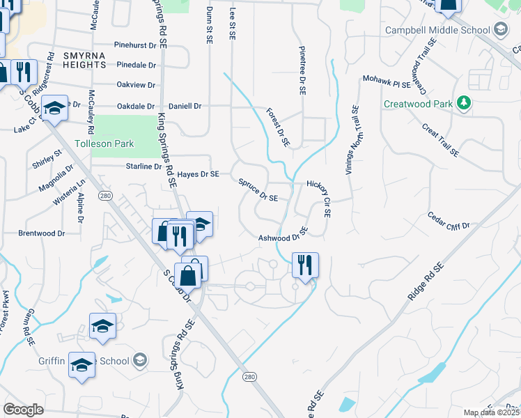 map of restaurants, bars, coffee shops, grocery stores, and more near 3673 Lee Street Southeast in Smyrna