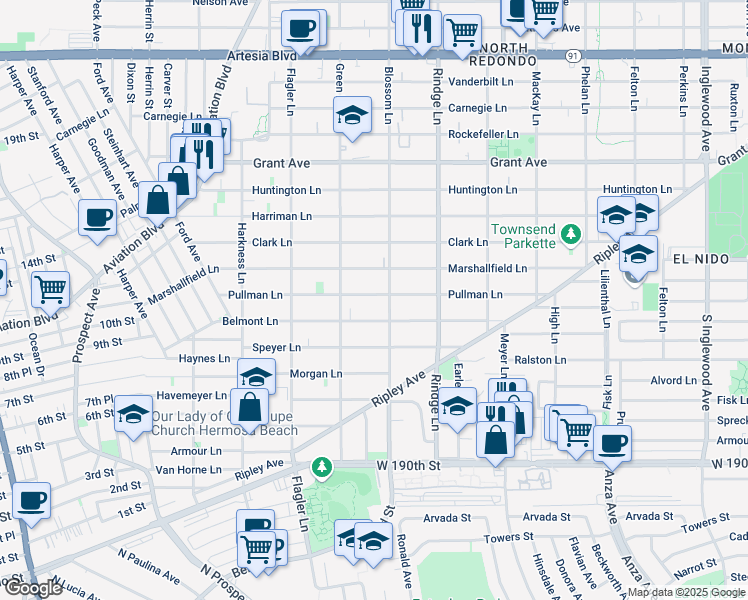 map of restaurants, bars, coffee shops, grocery stores, and more near 2016 Pullman Lane in Redondo Beach