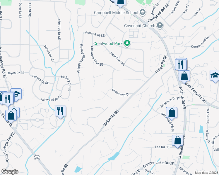 map of restaurants, bars, coffee shops, grocery stores, and more near 1761 Cedar Cliff Drive in Smyrna