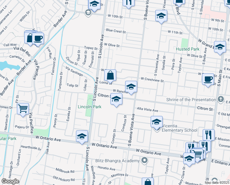map of restaurants, bars, coffee shops, grocery stores, and more near 984 West Rancho Road in Corona