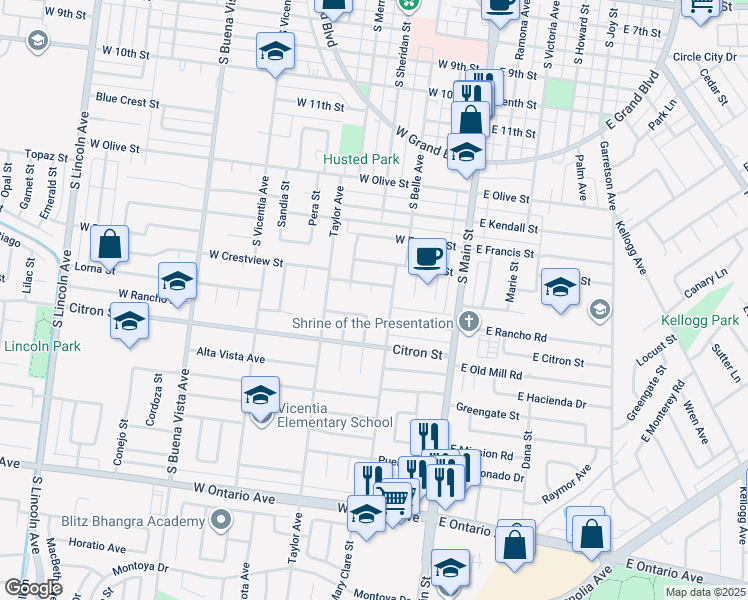 map of restaurants, bars, coffee shops, grocery stores, and more near 1673 Sheridan Circle in Corona