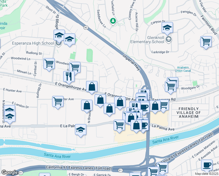 map of restaurants, bars, coffee shops, grocery stores, and more near 1735 North Willow Woods Drive in Anaheim