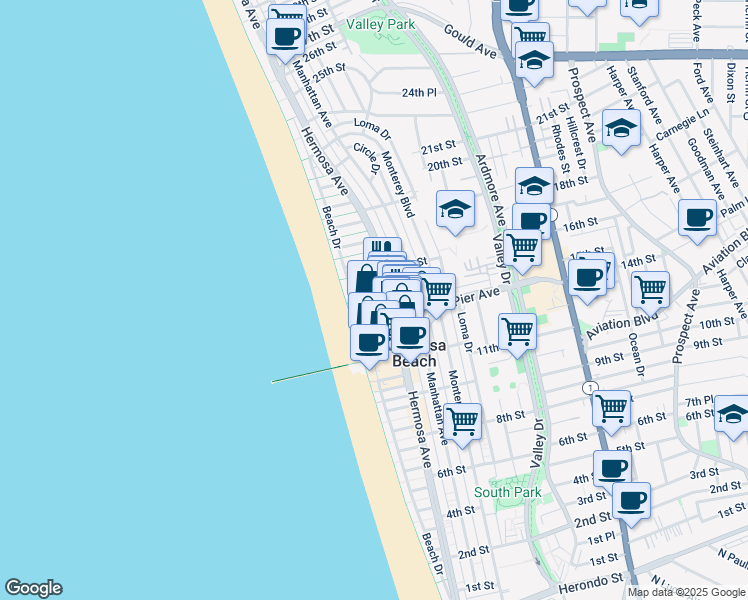 map of restaurants, bars, coffee shops, grocery stores, and more near 60 15th Street in Hermosa Beach
