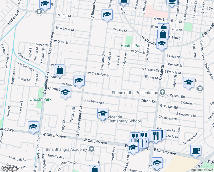 map of restaurants, bars, coffee shops, grocery stores, and more near 1718 Shirley Drive in Corona