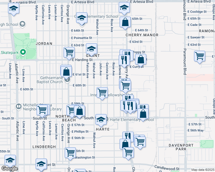 map of restaurants, bars, coffee shops, grocery stores, and more near 5994 Gaviota Avenue in Long Beach