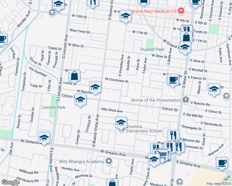 map of restaurants, bars, coffee shops, grocery stores, and more near 1721 Quail Circle in Corona