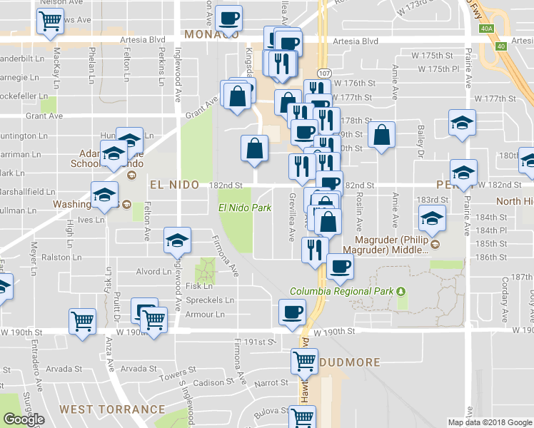map of restaurants, bars, coffee shops, grocery stores, and more near 18321 Mansel Avenue in Redondo Beach