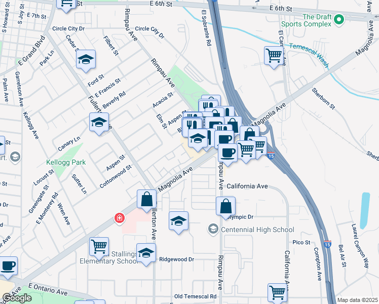 map of restaurants, bars, coffee shops, grocery stores, and more near 1645 Wintergreen Lane in Corona