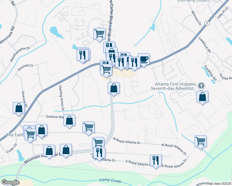 map of restaurants, bars, coffee shops, grocery stores, and more near 2660 Tucker Valley Road in Tucker