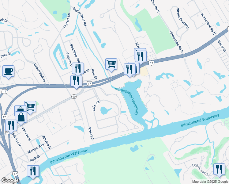 map of restaurants, bars, coffee shops, grocery stores, and more near 4637 Lightkeepers Way in Little River