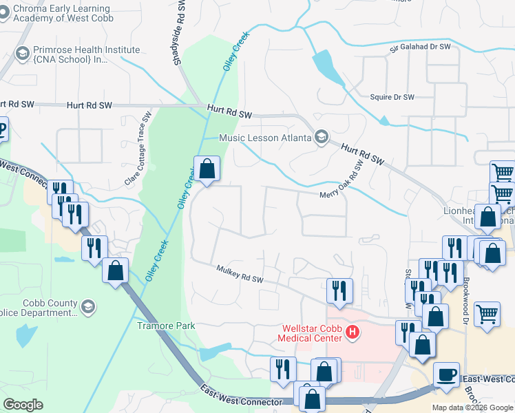 map of restaurants, bars, coffee shops, grocery stores, and more near 3660 Merry Oak Dr SW in Marietta