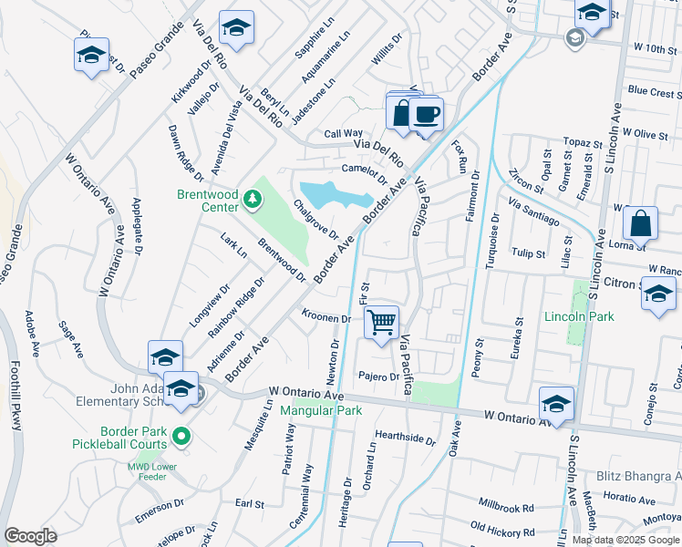 map of restaurants, bars, coffee shops, grocery stores, and more near 1565 Border Avenue in Corona