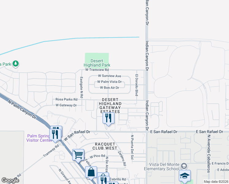 map of restaurants, bars, coffee shops, grocery stores, and more near 370 West Avenue Cerca in Palm Springs