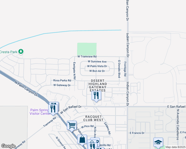 map of restaurants, bars, coffee shops, grocery stores, and more near 414 West Avenue Cerca in Palm Springs