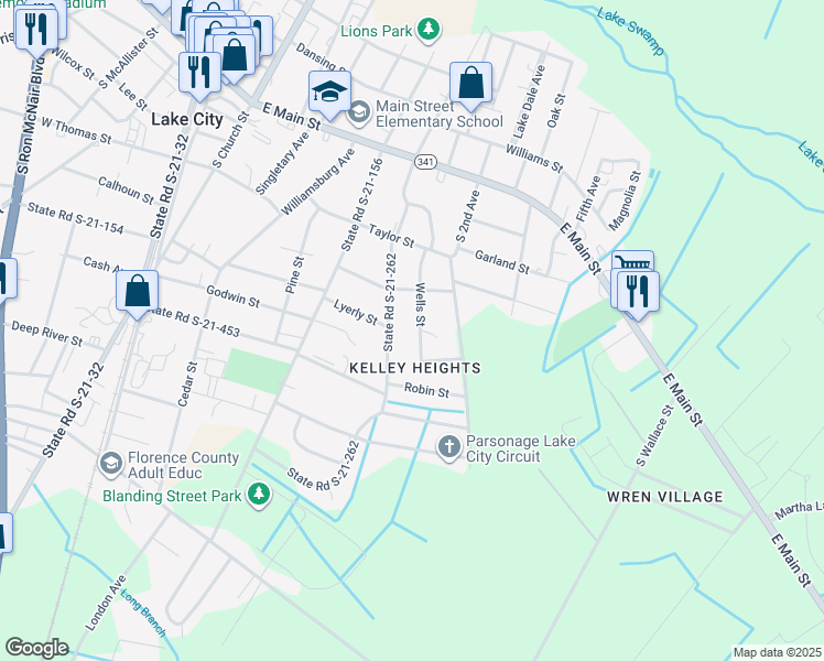 map of restaurants, bars, coffee shops, grocery stores, and more near 233 Wells Street in Lake City