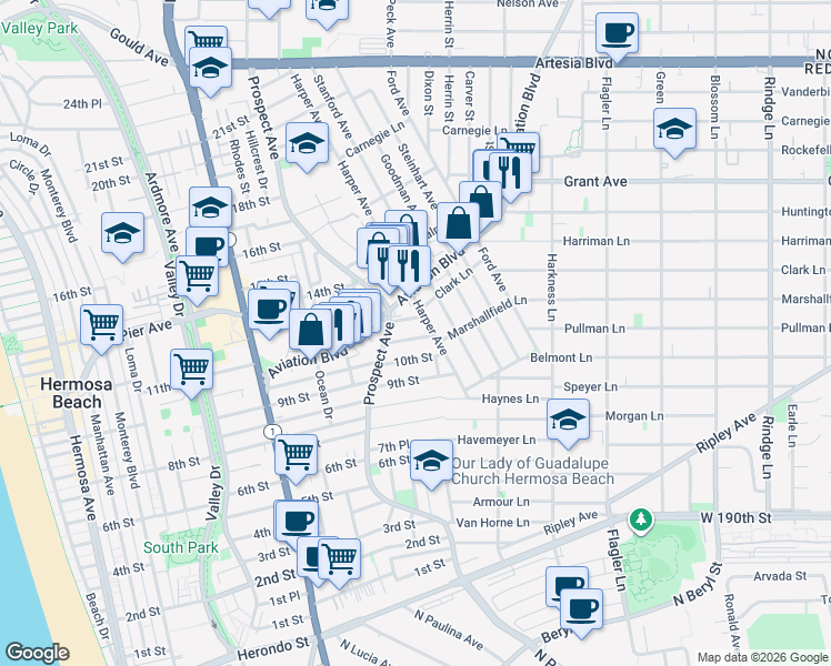 map of restaurants, bars, coffee shops, grocery stores, and more near 1244 11th Street in Hermosa Beach