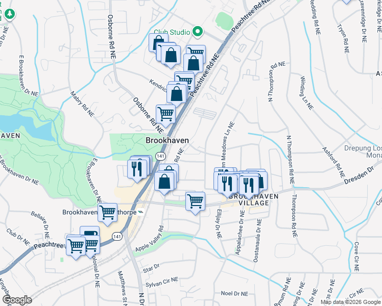 map of restaurants, bars, coffee shops, grocery stores, and more near 2698 Caldwell Road Northeast in Atlanta