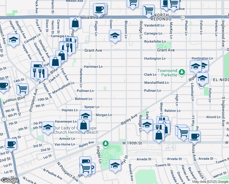 map of restaurants, bars, coffee shops, grocery stores, and more near 2004 Pullman Lane in Redondo Beach