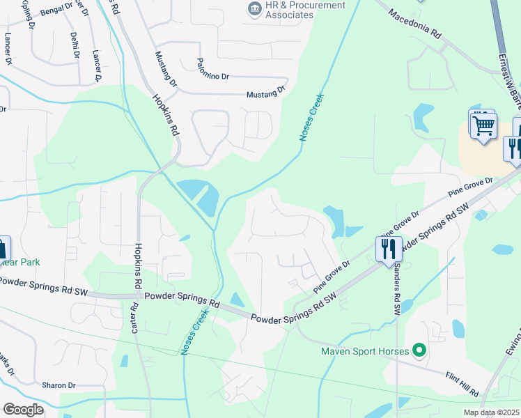 map of restaurants, bars, coffee shops, grocery stores, and more near 3162 Hadrian Court in Powder Springs