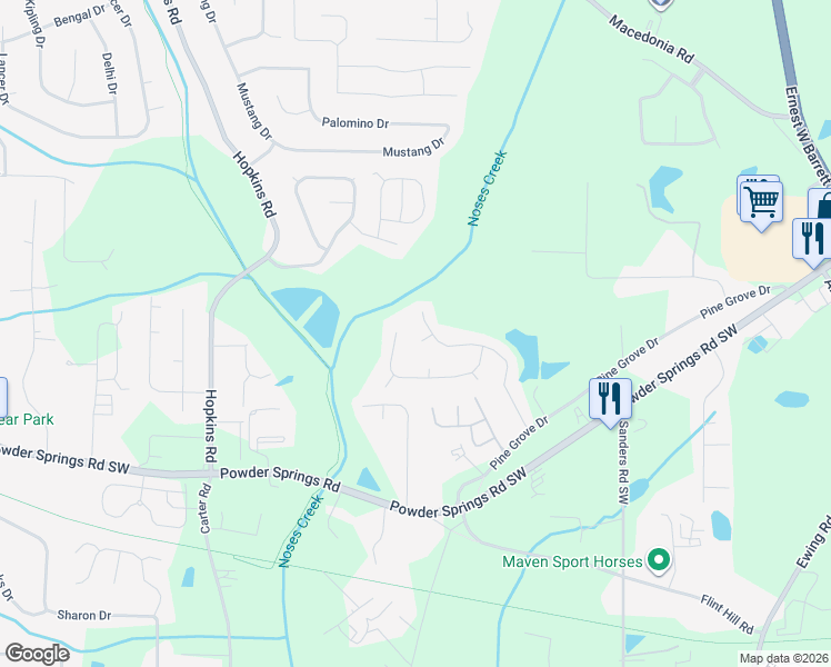 map of restaurants, bars, coffee shops, grocery stores, and more near 3162 Hadrian Court in Powder Springs
