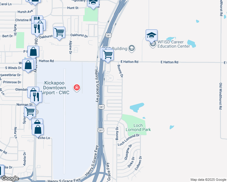 map of restaurants, bars, coffee shops, grocery stores, and more near 114 Dundee Drive in Wichita Falls