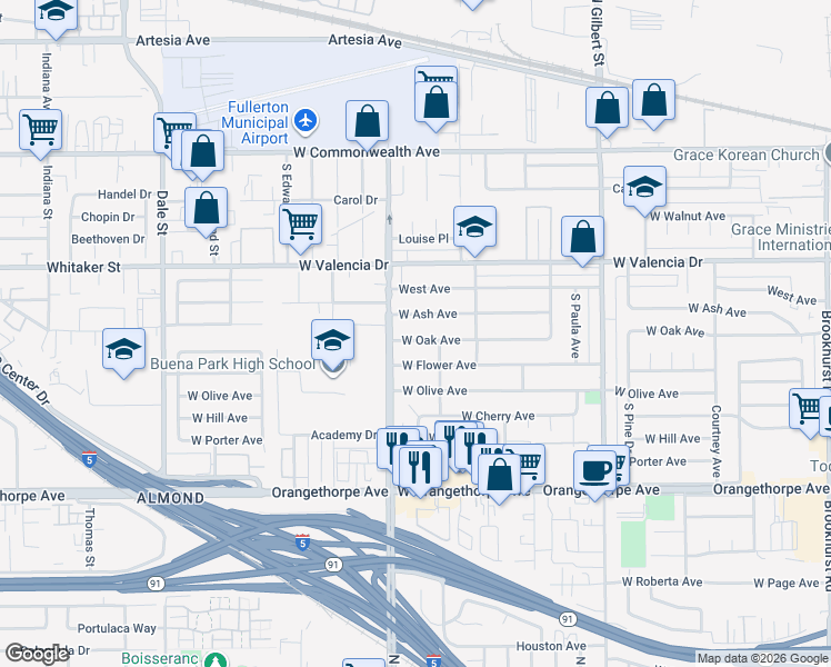 map of restaurants, bars, coffee shops, grocery stores, and more near 3621 West Oak Avenue in Fullerton