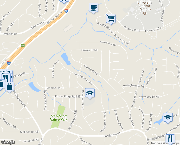 map of restaurants, bars, coffee shops, grocery stores, and more near 2724 Cravey Drive Northeast in Atlanta