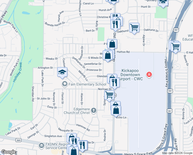 map of restaurants, bars, coffee shops, grocery stores, and more near 1525 Glendale Drive in Wichita Falls